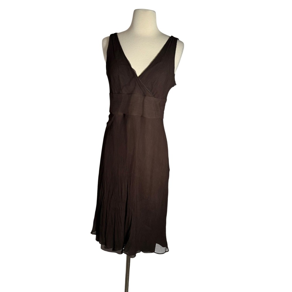VTG J. Crew Brown‎ Pleated Crinkle Midi Dress Silk V-Neck Side Zip Womens SZ 8
